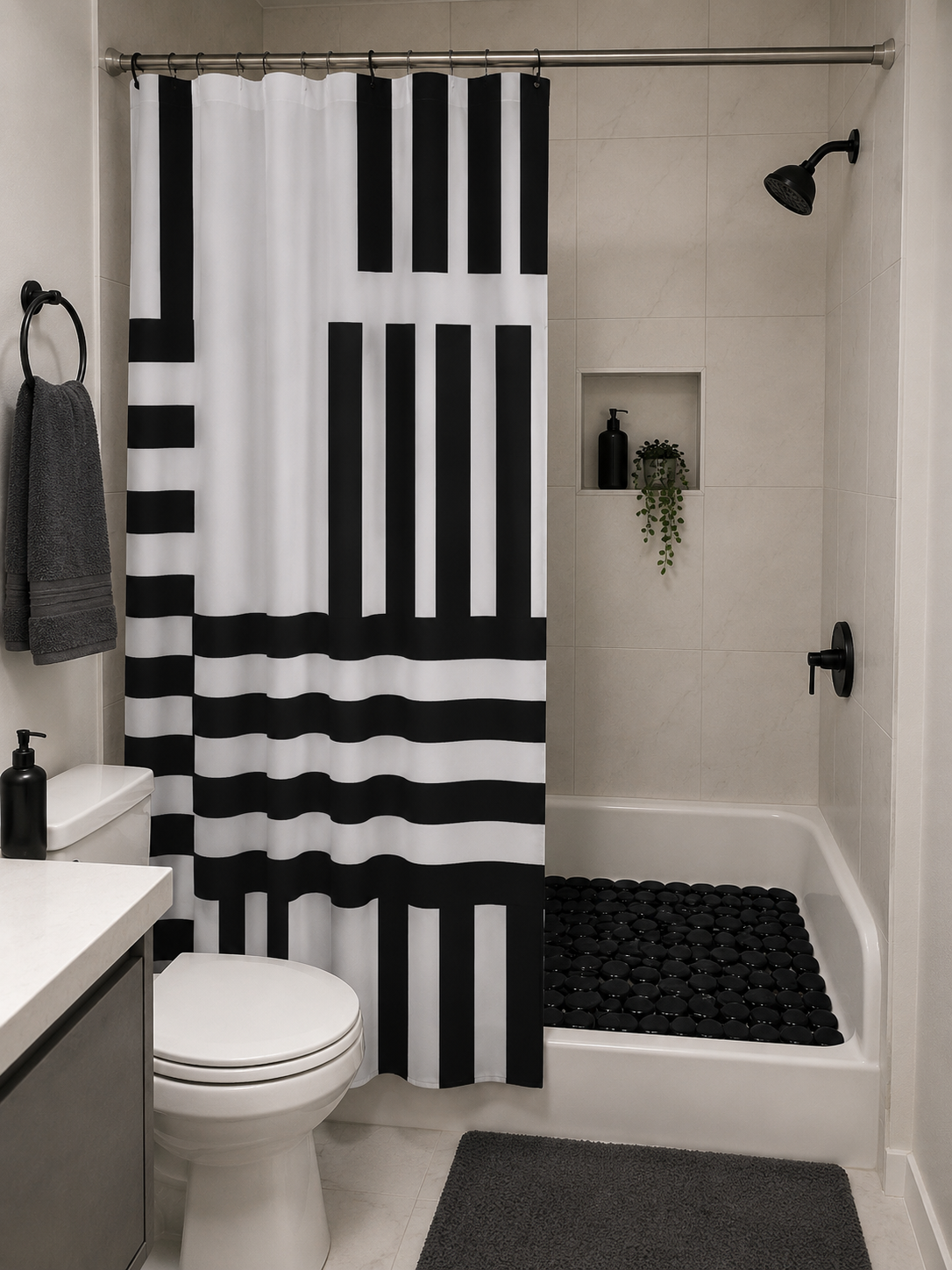 Set cortina 12 ganchos de baño + alfombra antideslizante