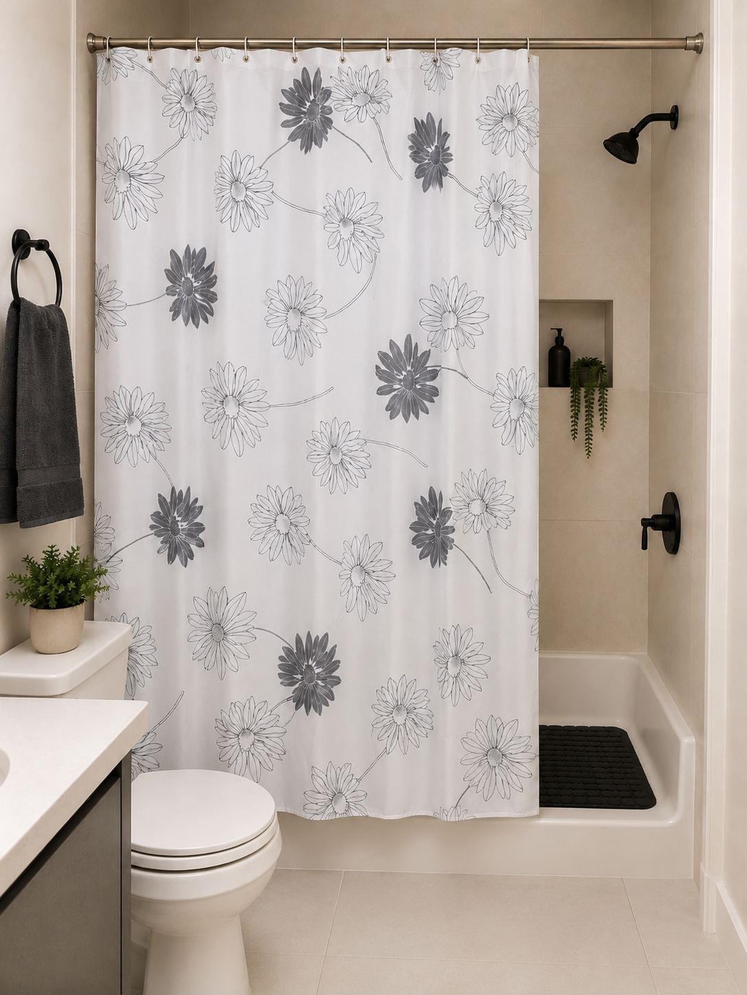 Set de cortina baño 12 ganchos + alfombra antideslizante