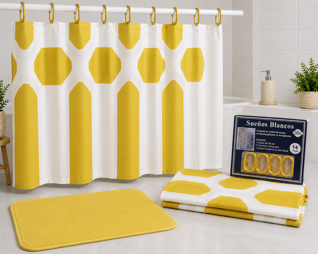 Cortina De Baño Con Ganchos y Alfombra pelo de mono