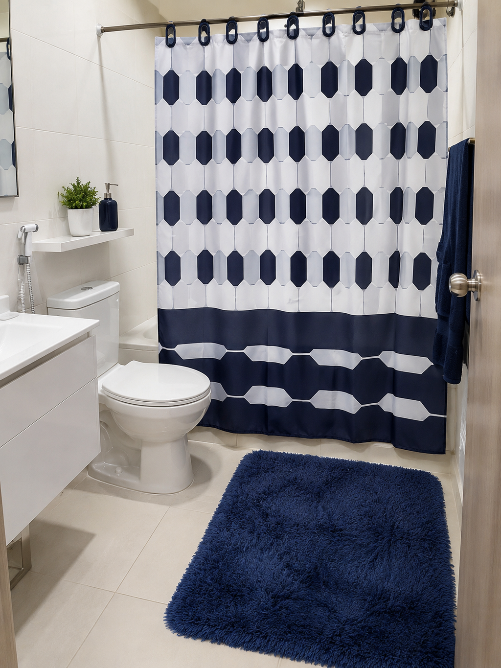 Cortina De Baño Con Ganchos y Alfombra pelo de mono