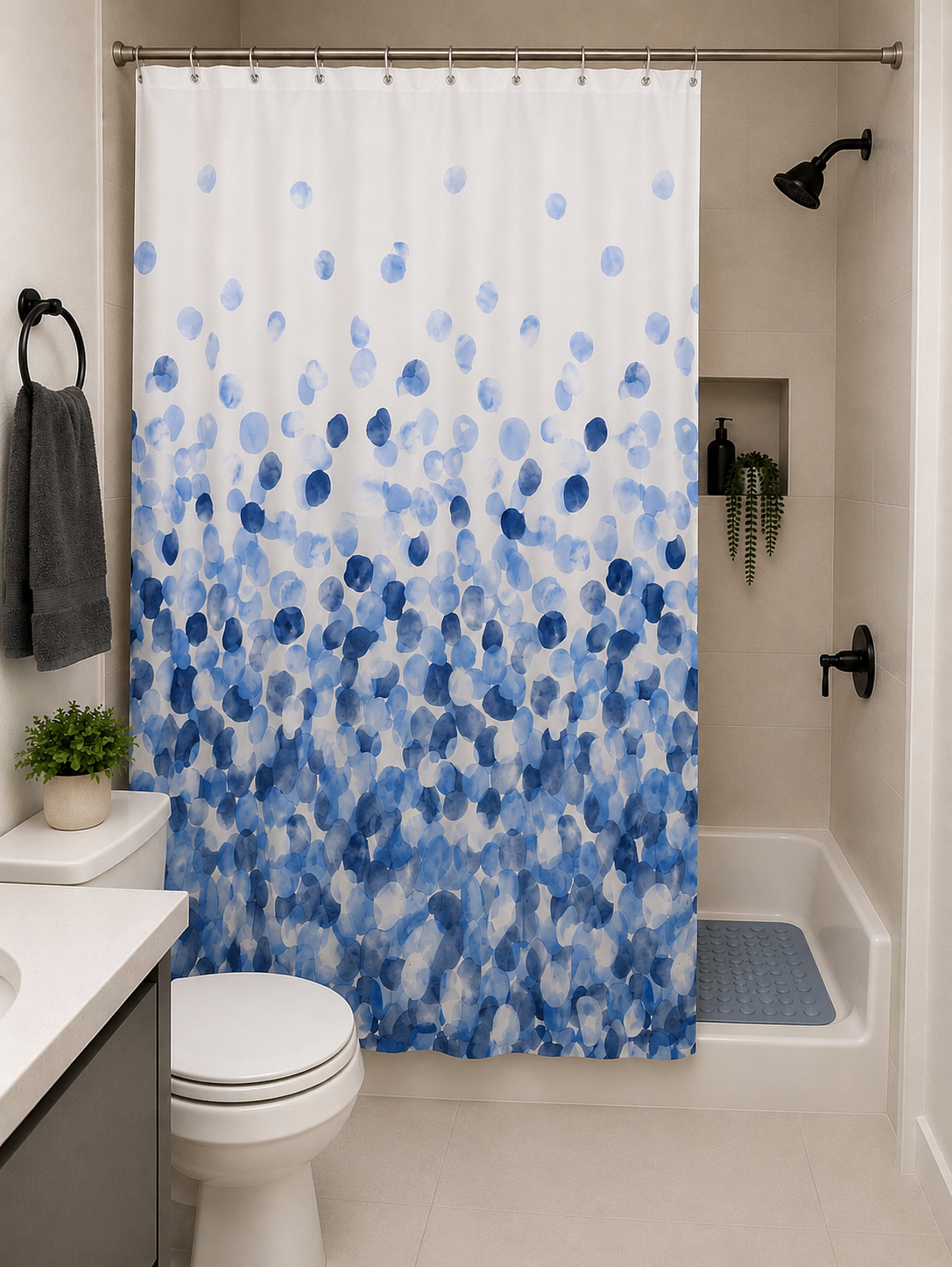 Set de cortina baño 12 ganchos + alfombra antideslizante