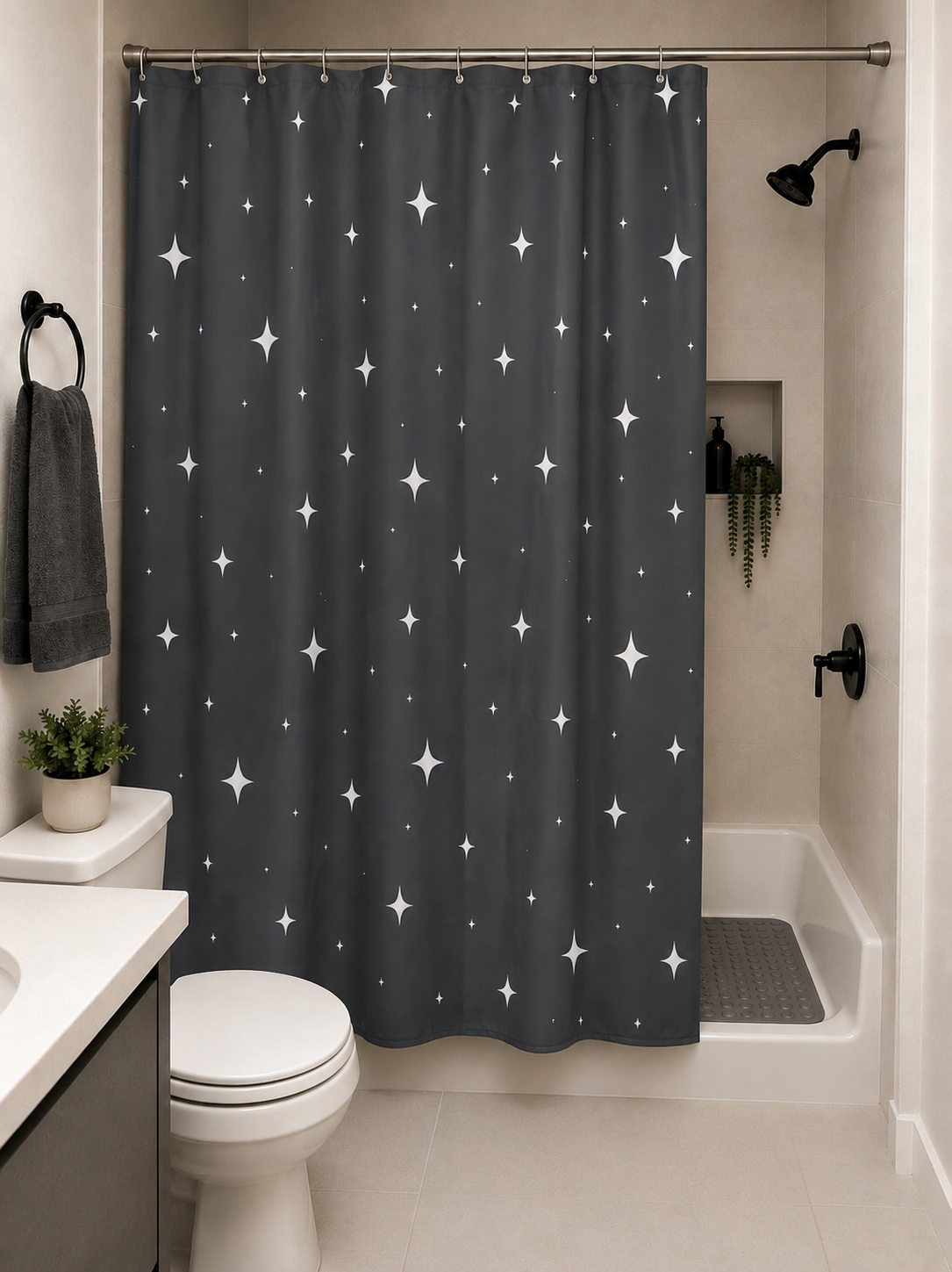 Set de cortina baño 12 ganchos + alfombra antideslizante