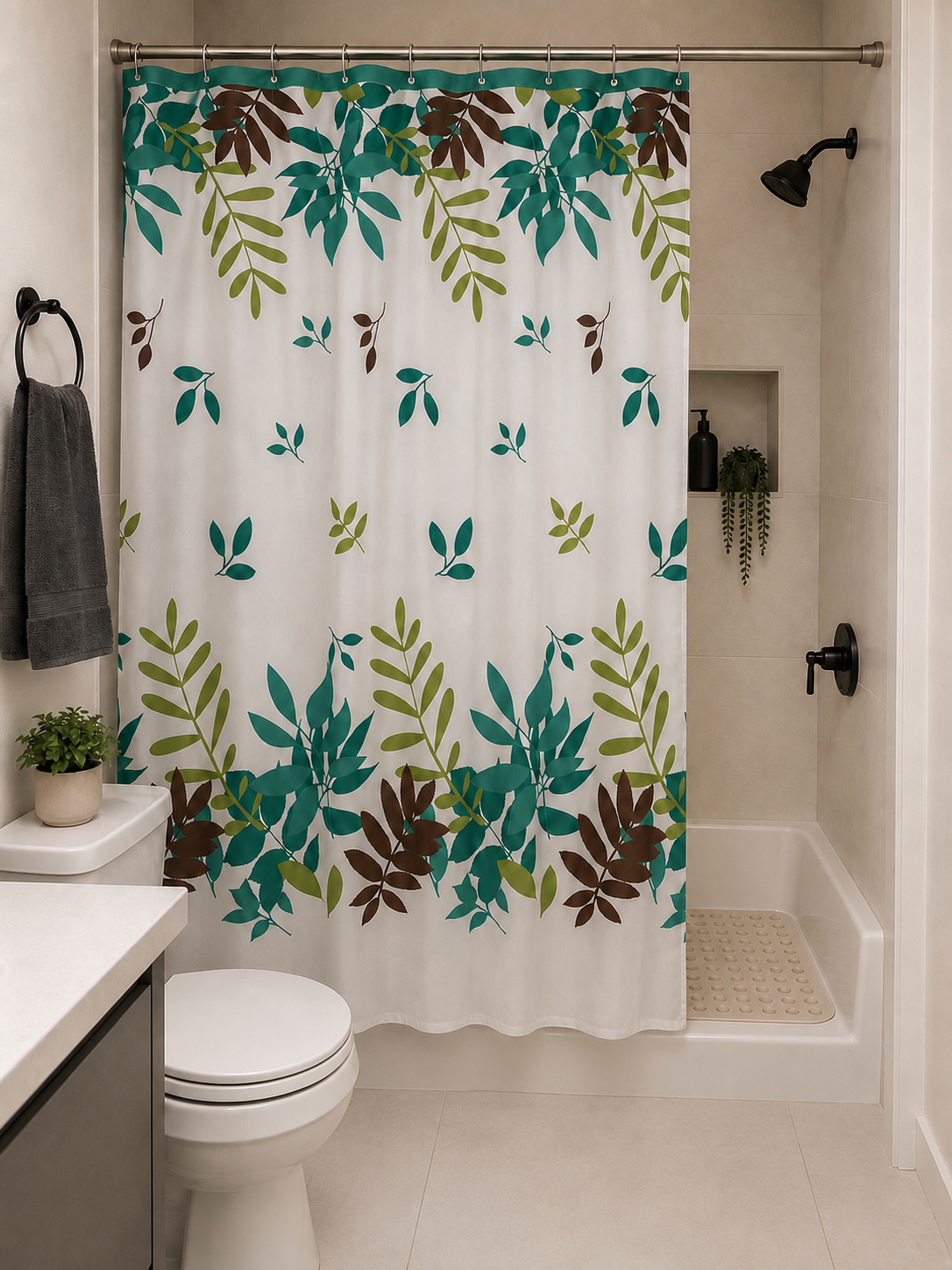 Set de cortina baño 12 ganchos + alfombra antideslizante