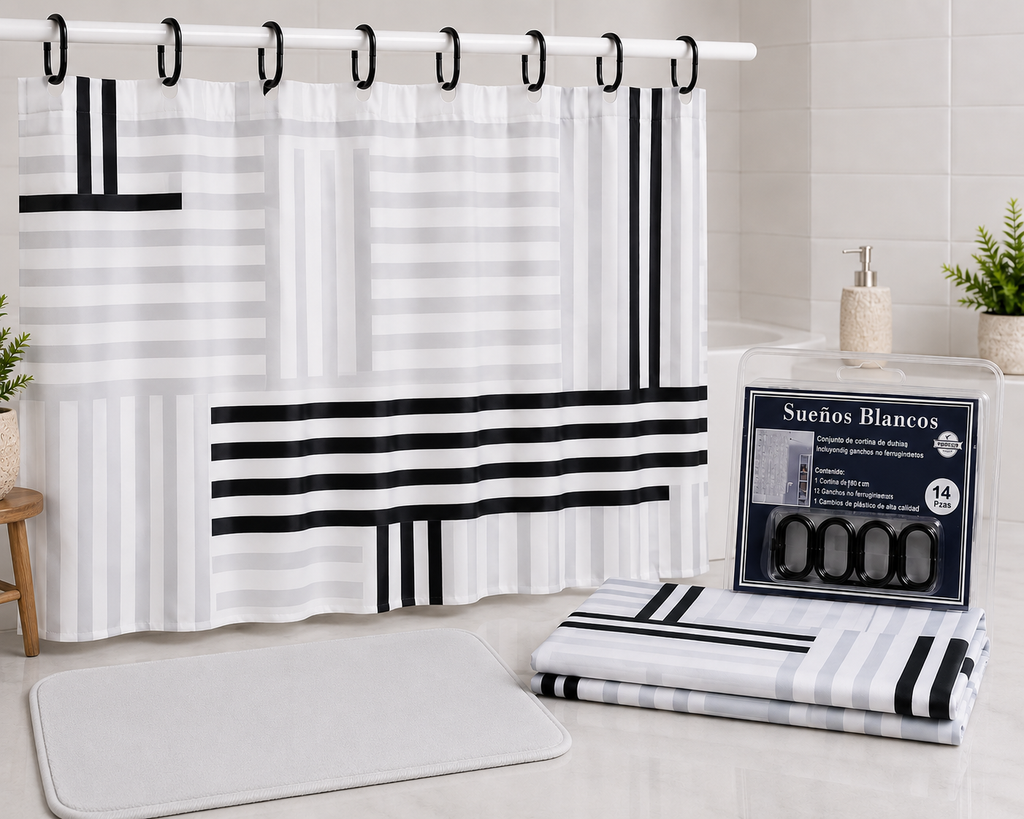 Cortina De Baño Con Ganchos y Alfombra pelo de mono