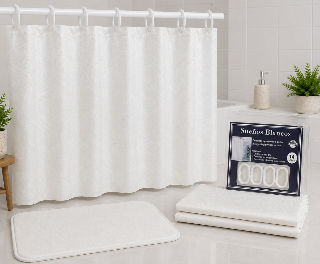 Cortina De Baño Con Ganchos y Alfombra pelo de mono