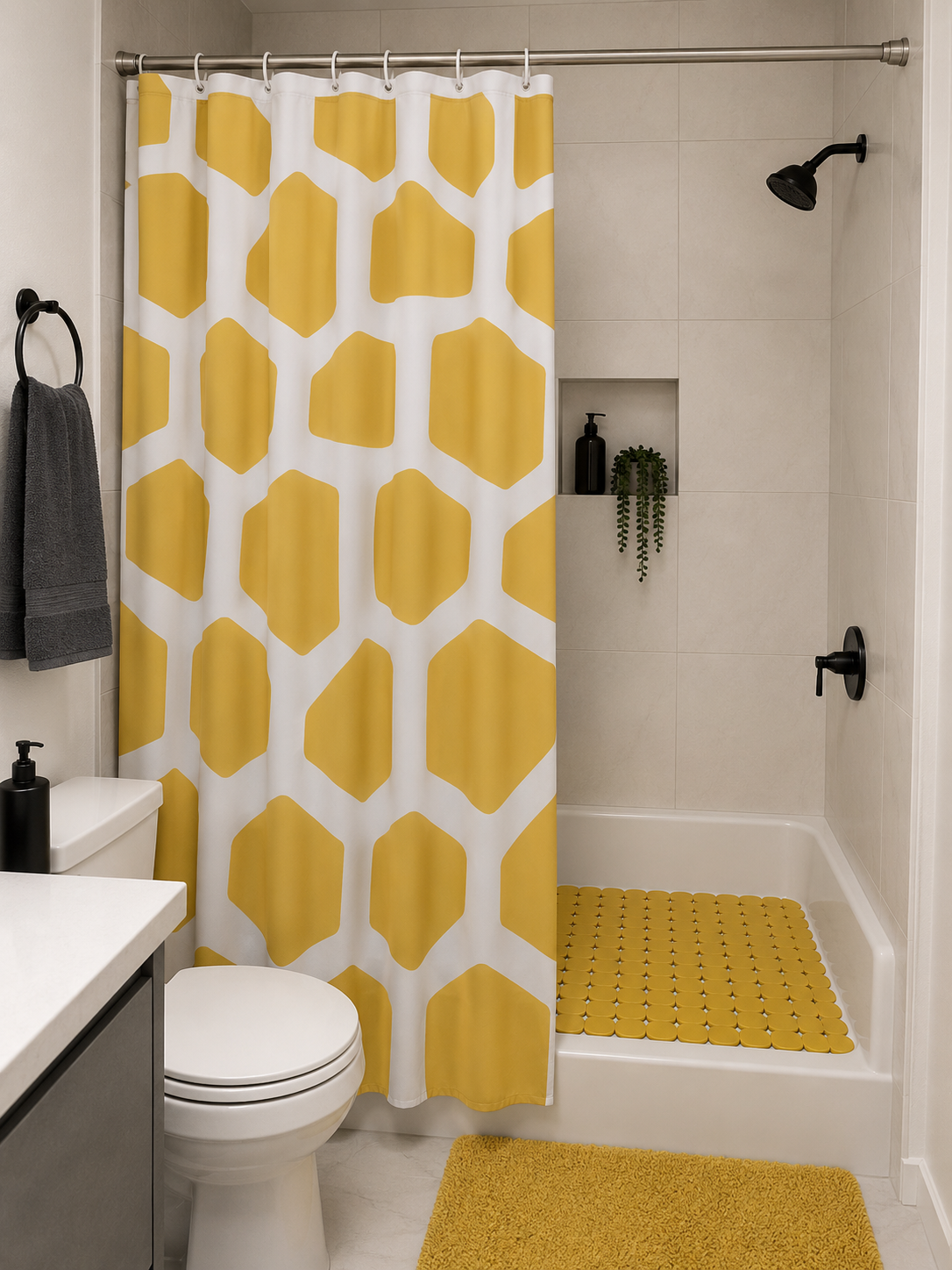 Set cortina 12 ganchos de baño + alfombra antideslizante