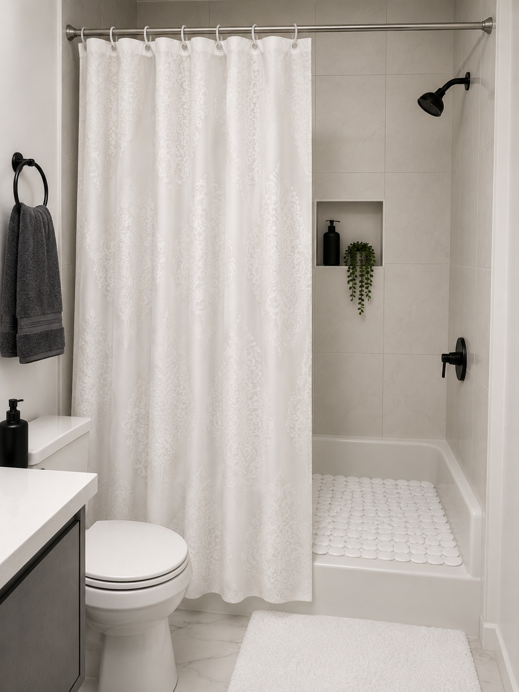 Set cortina 12 ganchos de baño + alfombra antideslizante